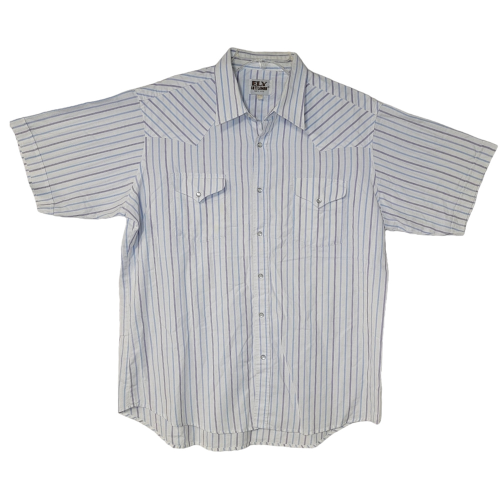 Eli Cattleman Men's Pearl Snap Striped Shirt Short Sleeve White Purple Size 17.5